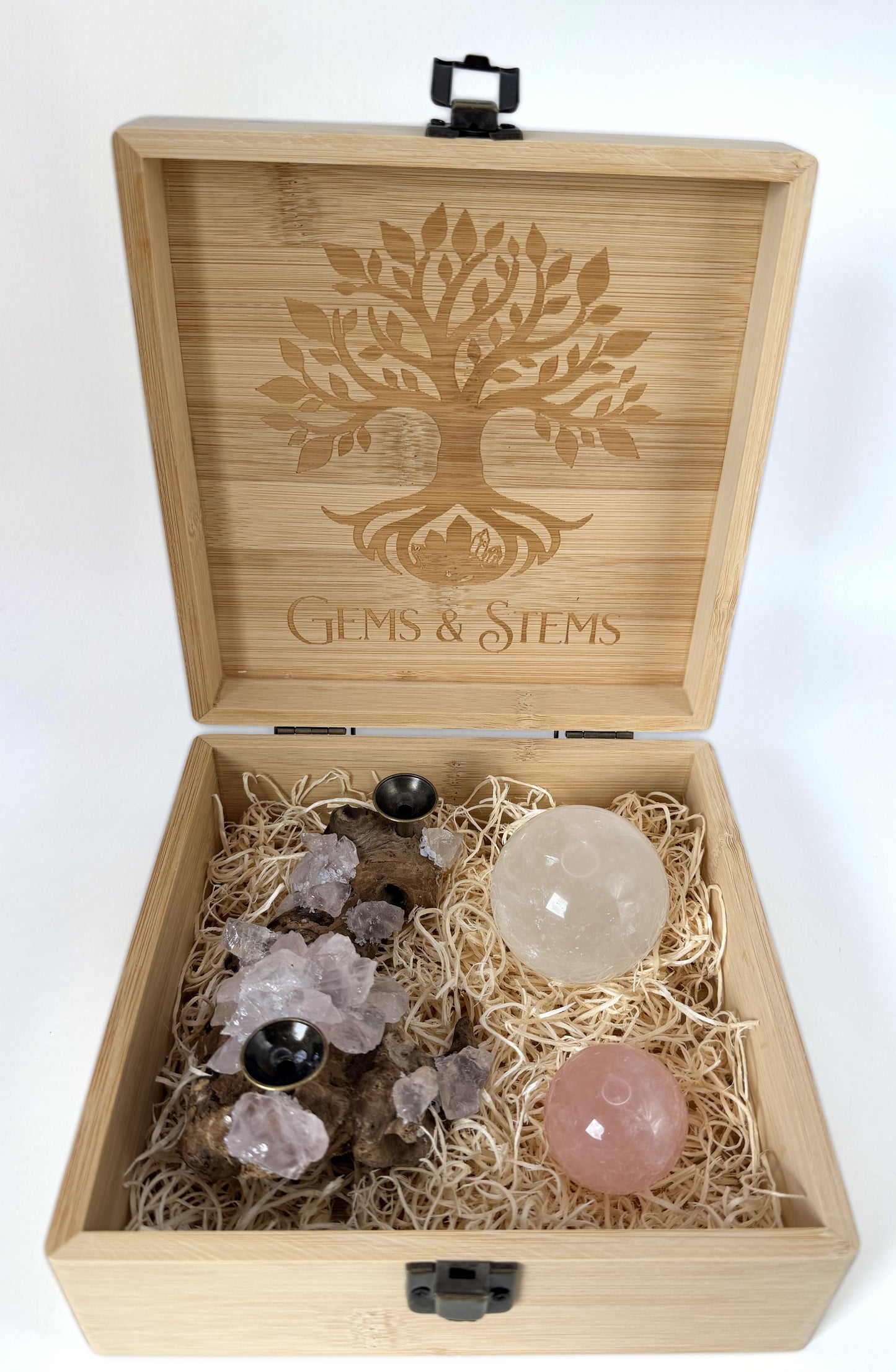 Crystal sphere gift set, clear quartz and rose quartz on a burl wood holder