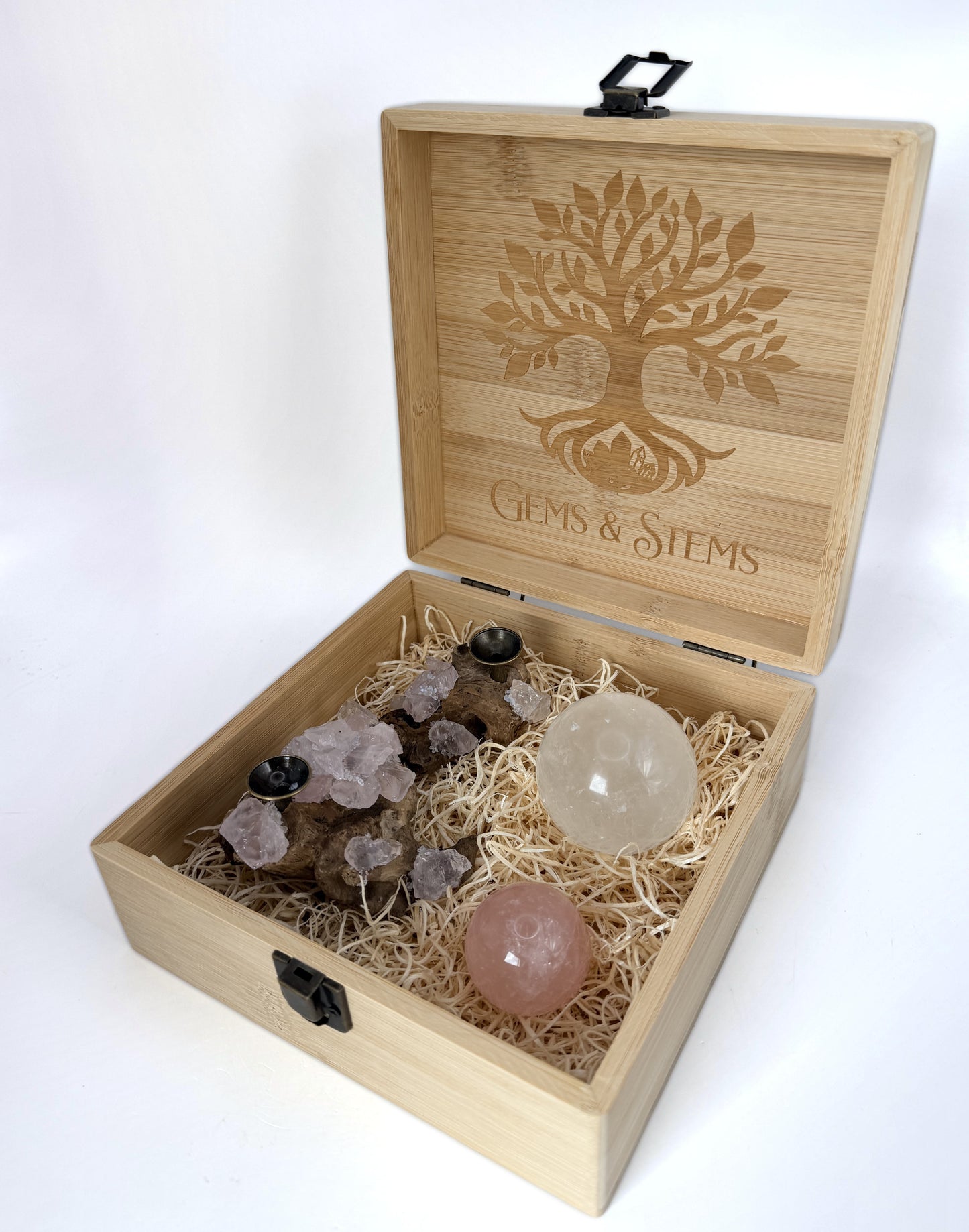 Crystal sphere gift set, clear quartz and rose quartz on a burl wood holder