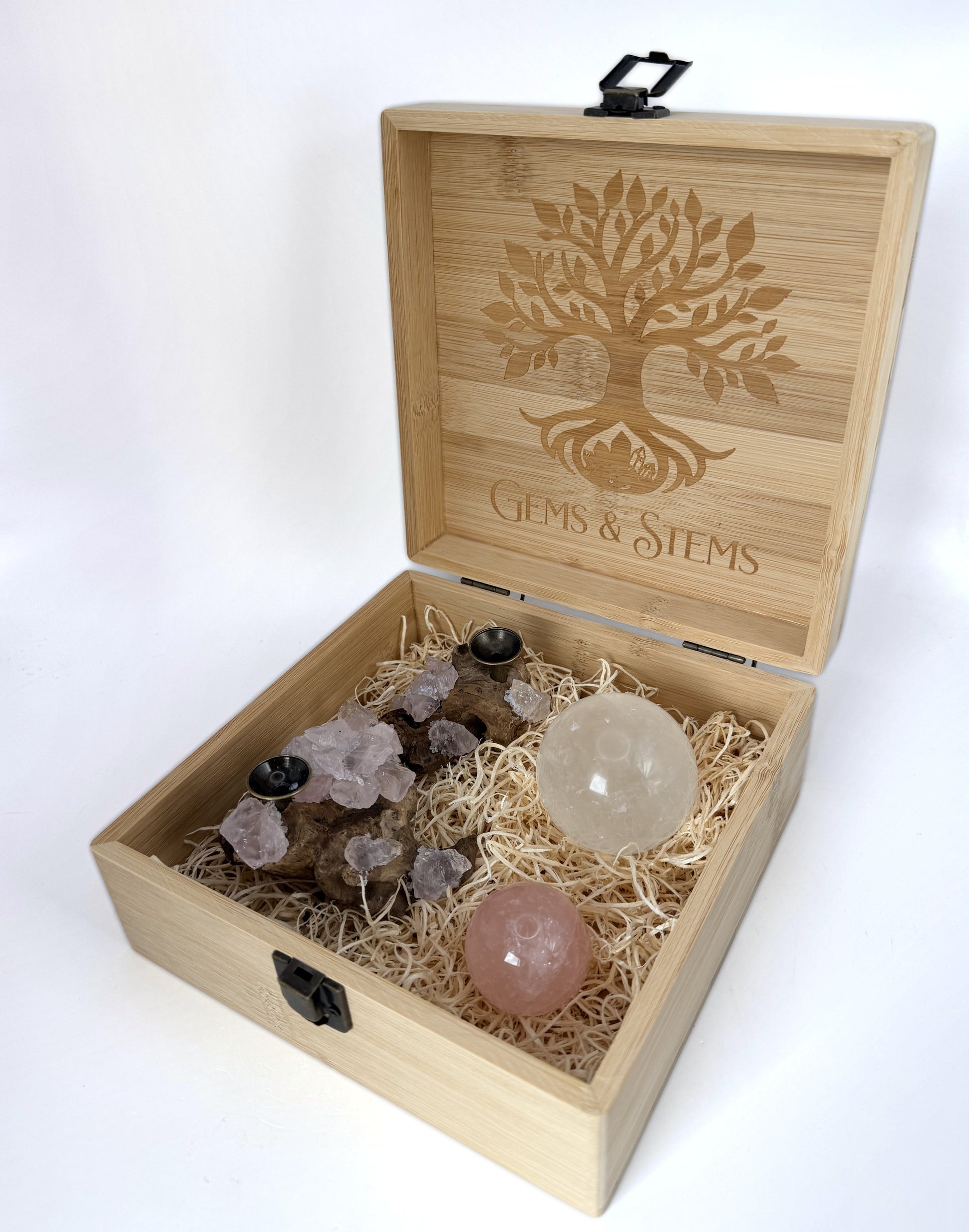 Crystal sphere gift set, clear quartz and rose quartz on a burl wood holder