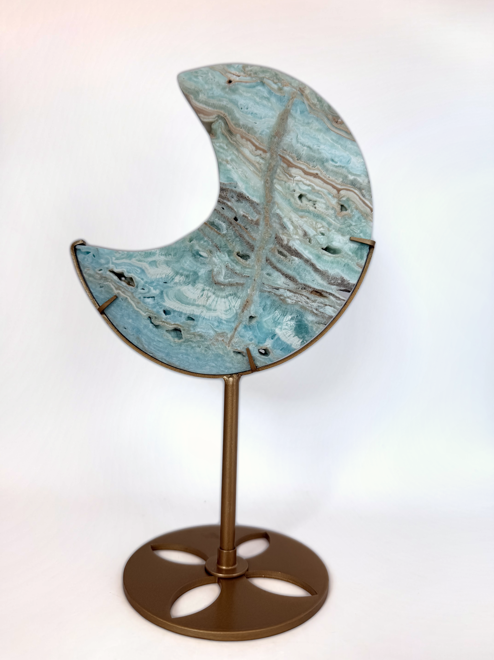 Caribbean calcite crescent moon on its gold stand