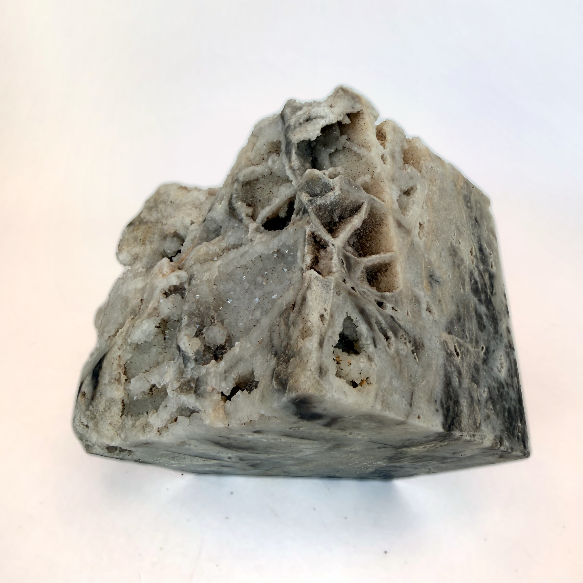 Druzy quartz boxwork specimen, angled view of the lattice