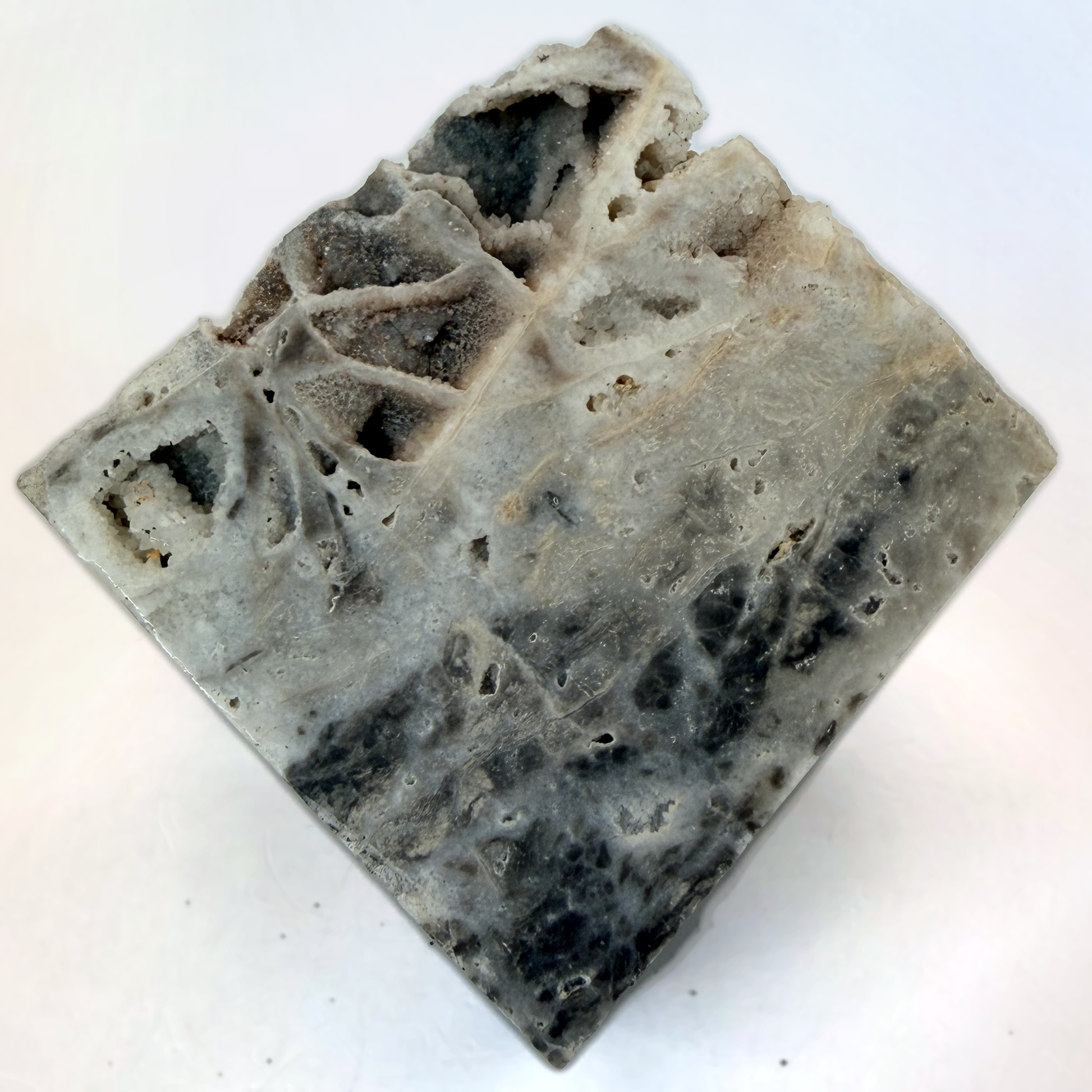Druzy quartz boxwork specimen, top face and hollows