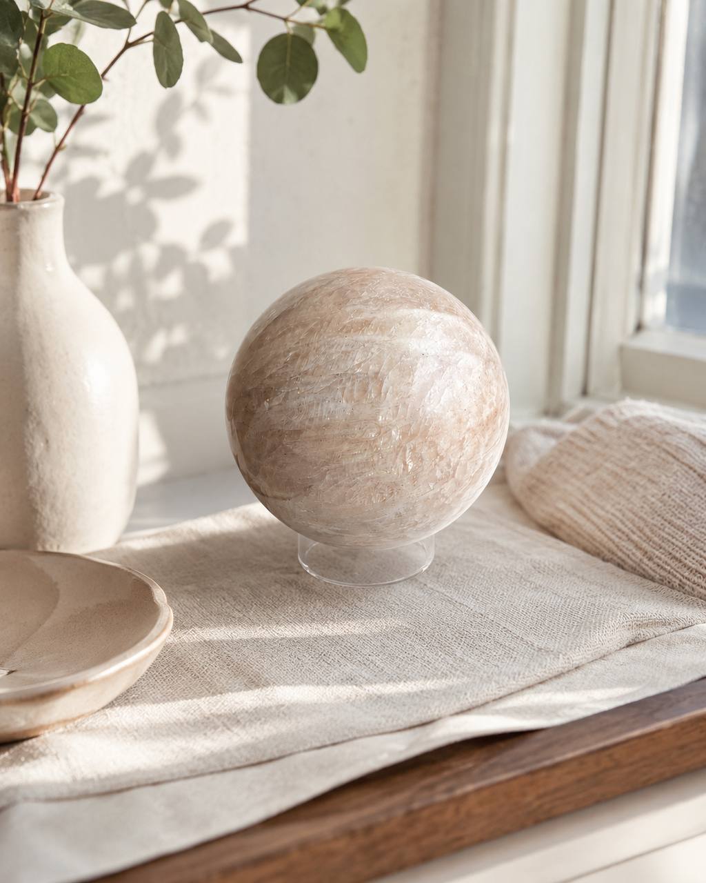 Peach moonstone sphere on linen runner in sunlit window