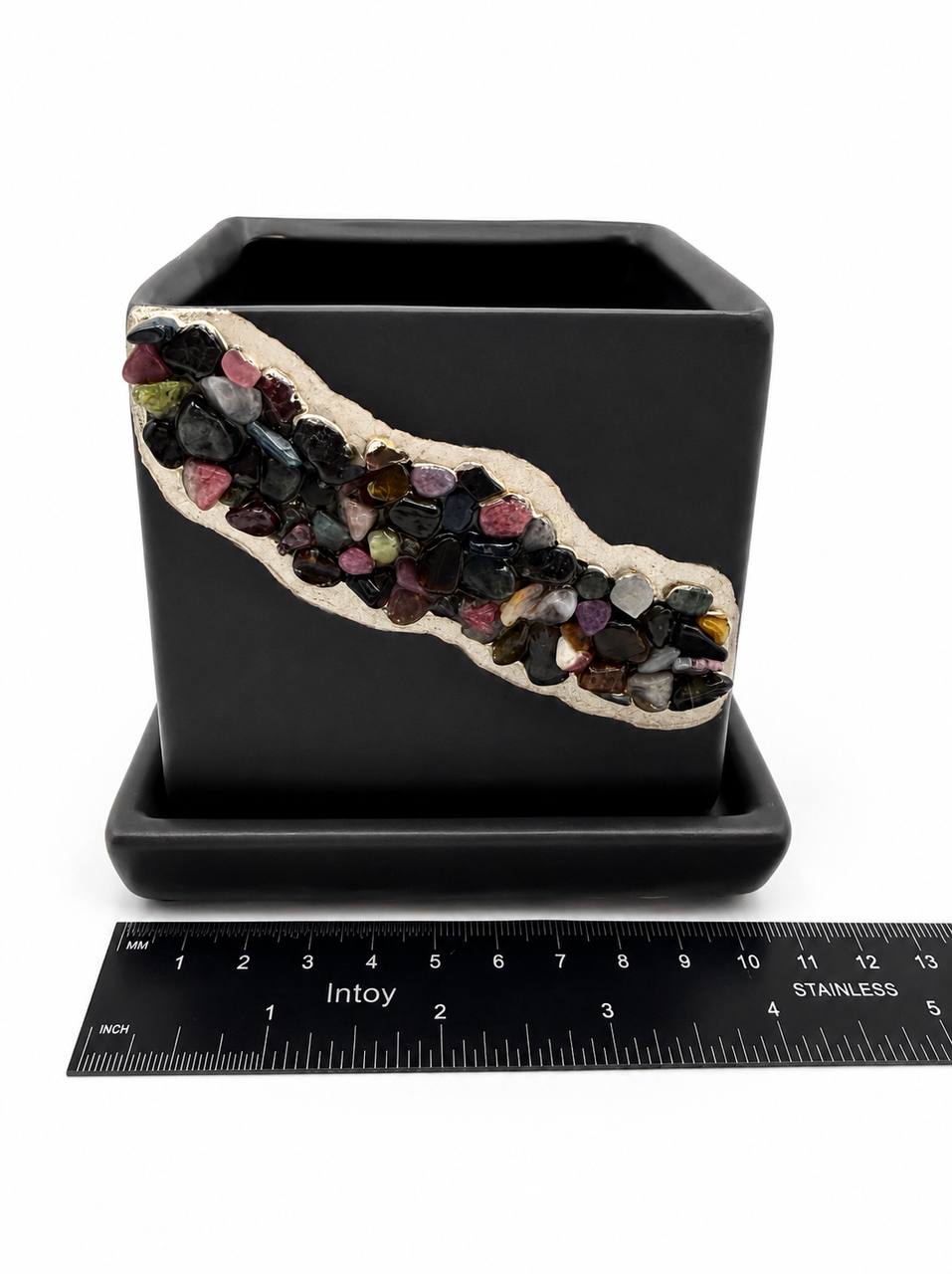 Tourmaline crystal planter front with ruler showing 4 inch width