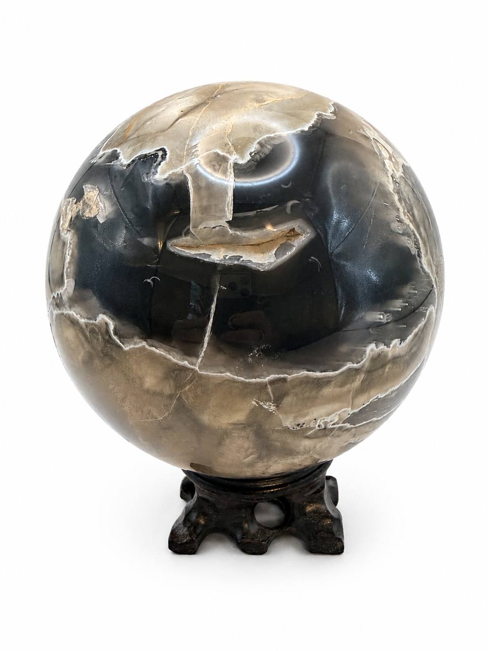 Large Volcano Agate Sphere on Carved Wood Stand