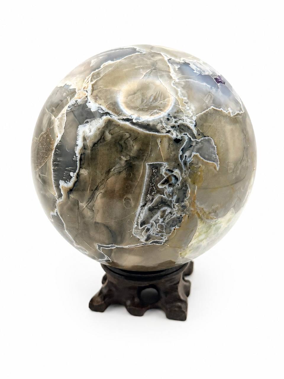 Large Volcano Agate Sphere on Carved Wood Stand