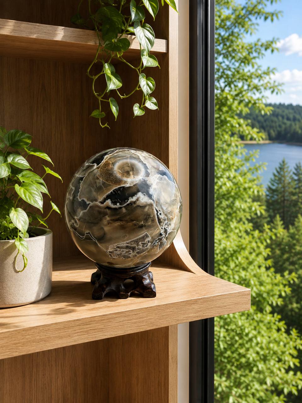 Large Volcano Agate Sphere on Carved Wood Stand