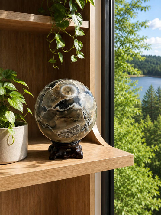 Large Volcano Agate Sphere on Carved Wood Stand