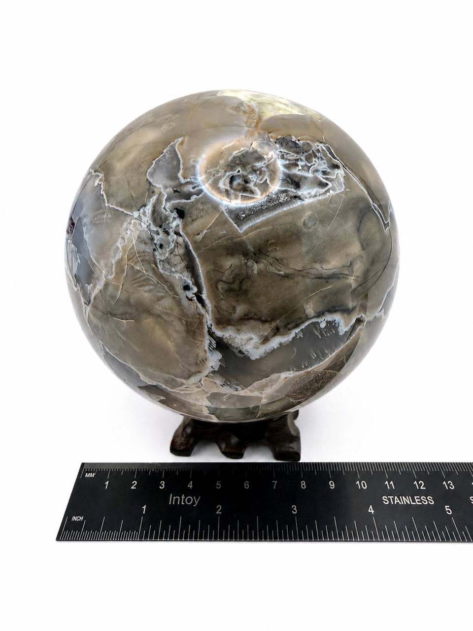 Large Volcano Agate Sphere on Carved Wood Stand