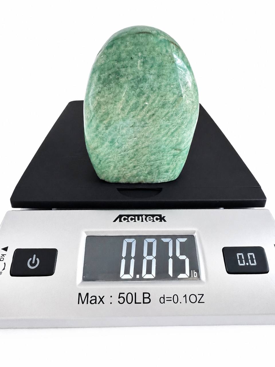 Amazonite freeform on scale reading 0.875 lbs