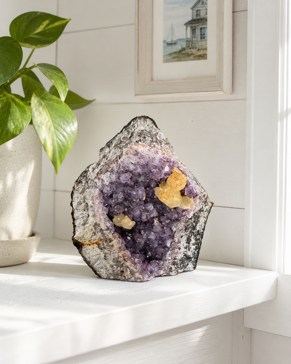 Brazilian Amethyst Geode with Calcite Crystals — Raw Purple Crystal Cluster