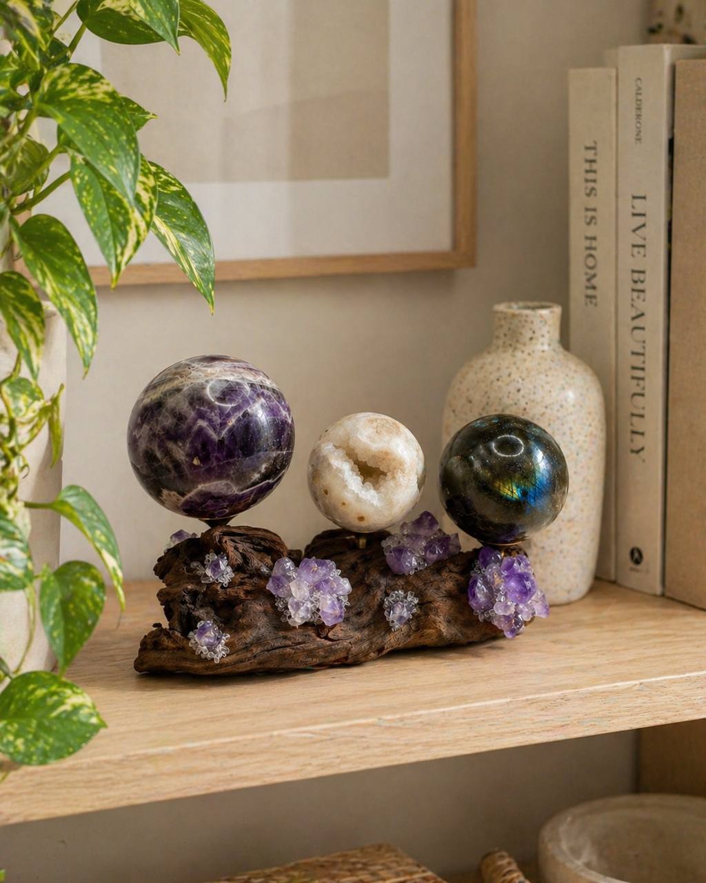 Purple fluorite crystal sphere holder with three crystal spheres on bookshelf
