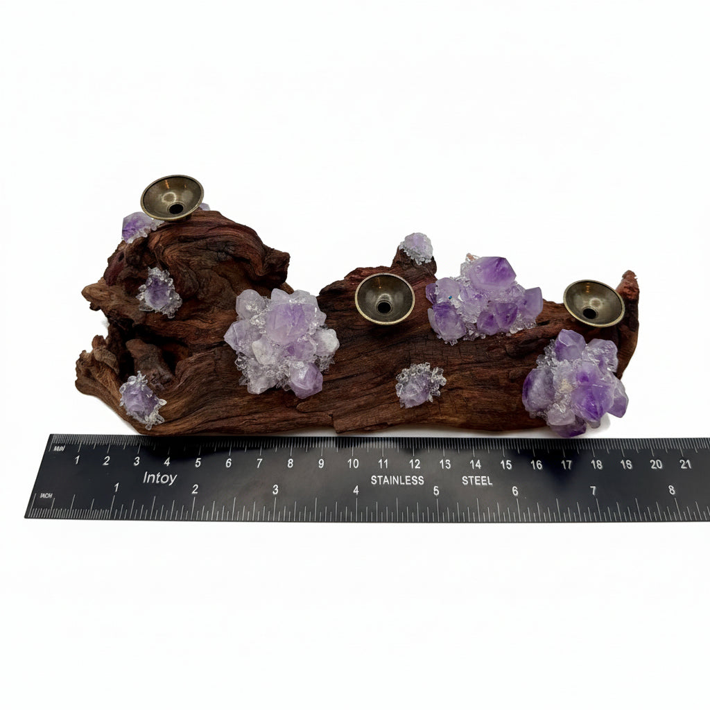 Purple fluorite crystal sphere holder detail view of crystal clusters