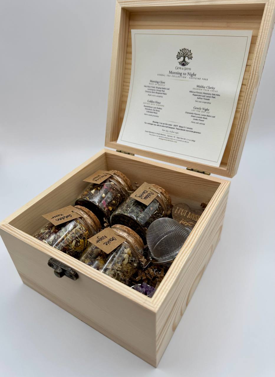 Morning to Night Tea Sampler - angled view with lid and brew guide
