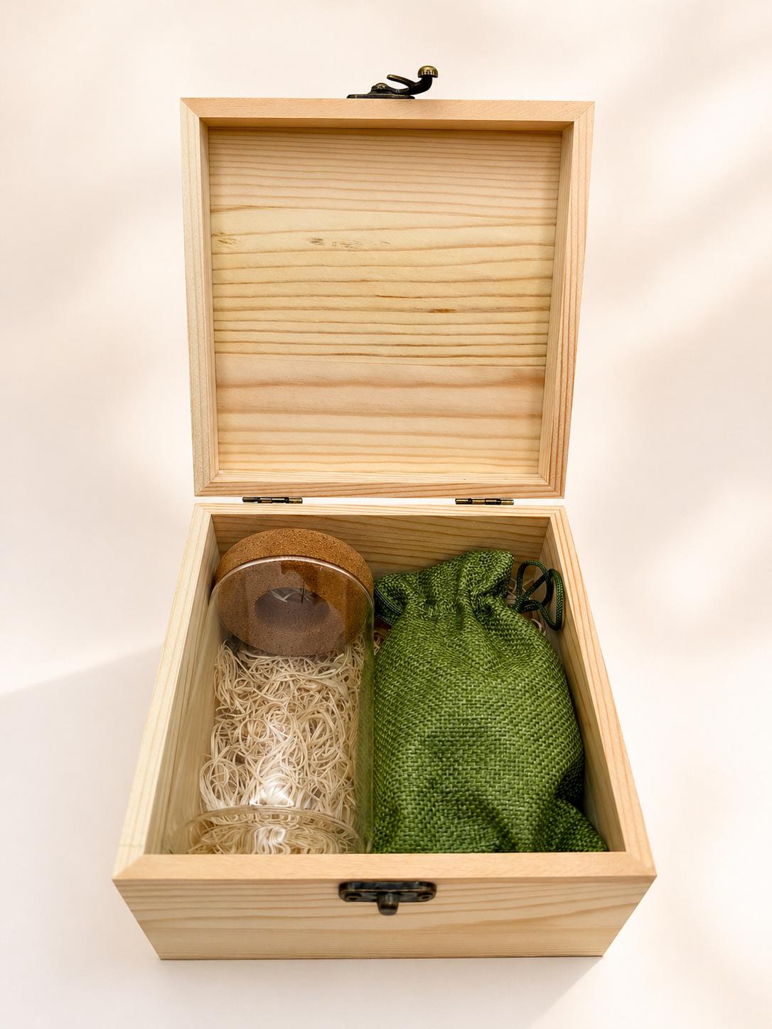 Propagation station components in wooden box with burlap pouch