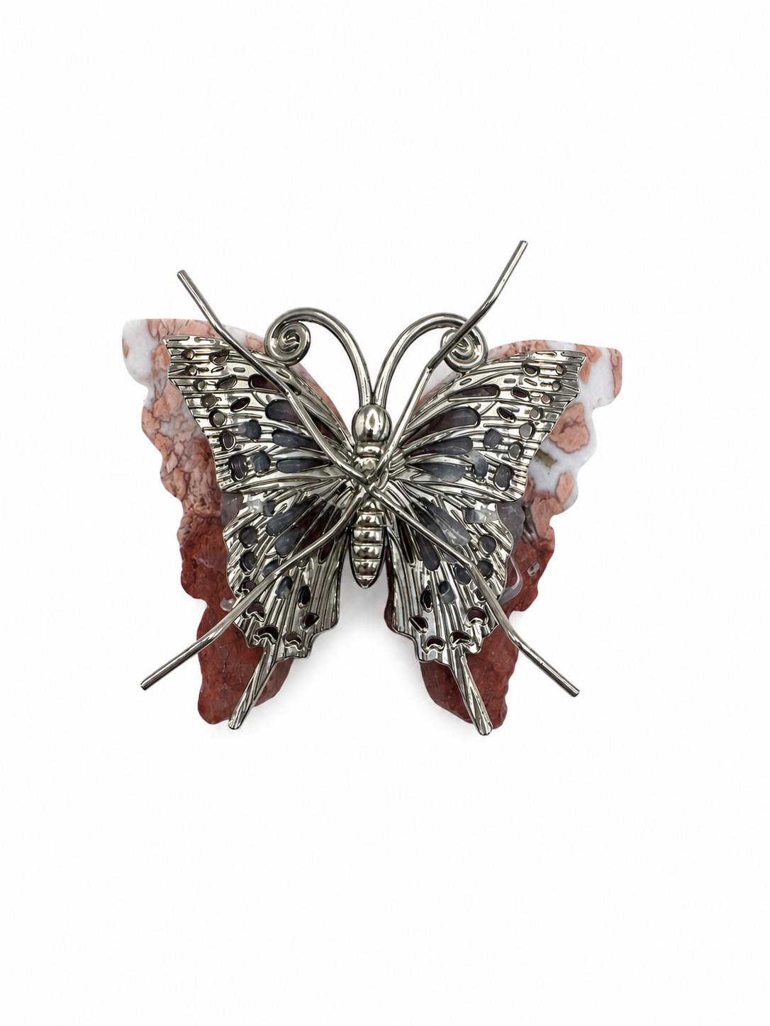 Pink Agate Crystal Butterfly on Silver Stand, Sakura Agate Butterfly Specimen, Crystal Butterfly Decor, Heart Chakra