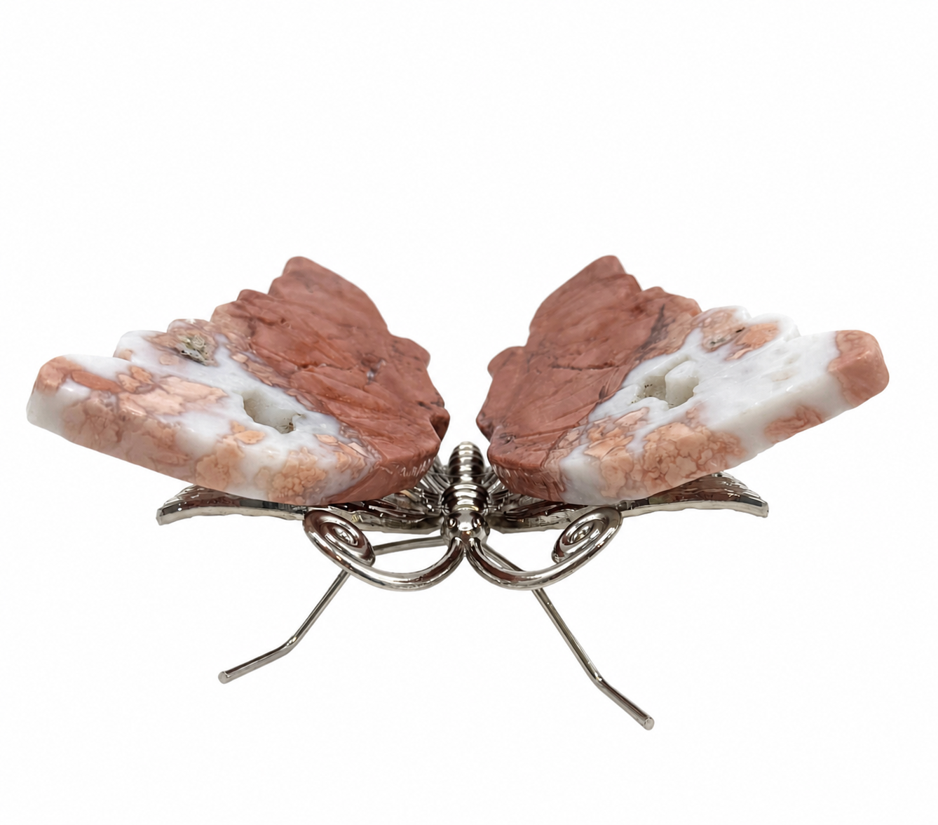 Pink Agate Crystal Butterfly on Silver Stand, Sakura Agate Butterfly Specimen, Crystal Butterfly Decor, Heart Chakra