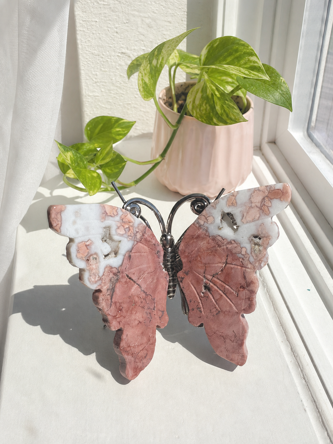 Pink Agate Crystal Butterfly on Silver Stand, Sakura Agate Butterfly Specimen, Crystal Butterfly Decor, Heart Chakra