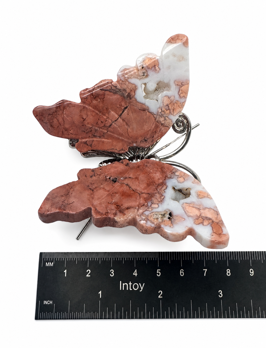 Pink Agate Crystal Butterfly on Silver Stand, Sakura Agate Butterfly Specimen, Crystal Butterfly Decor, Heart Chakra