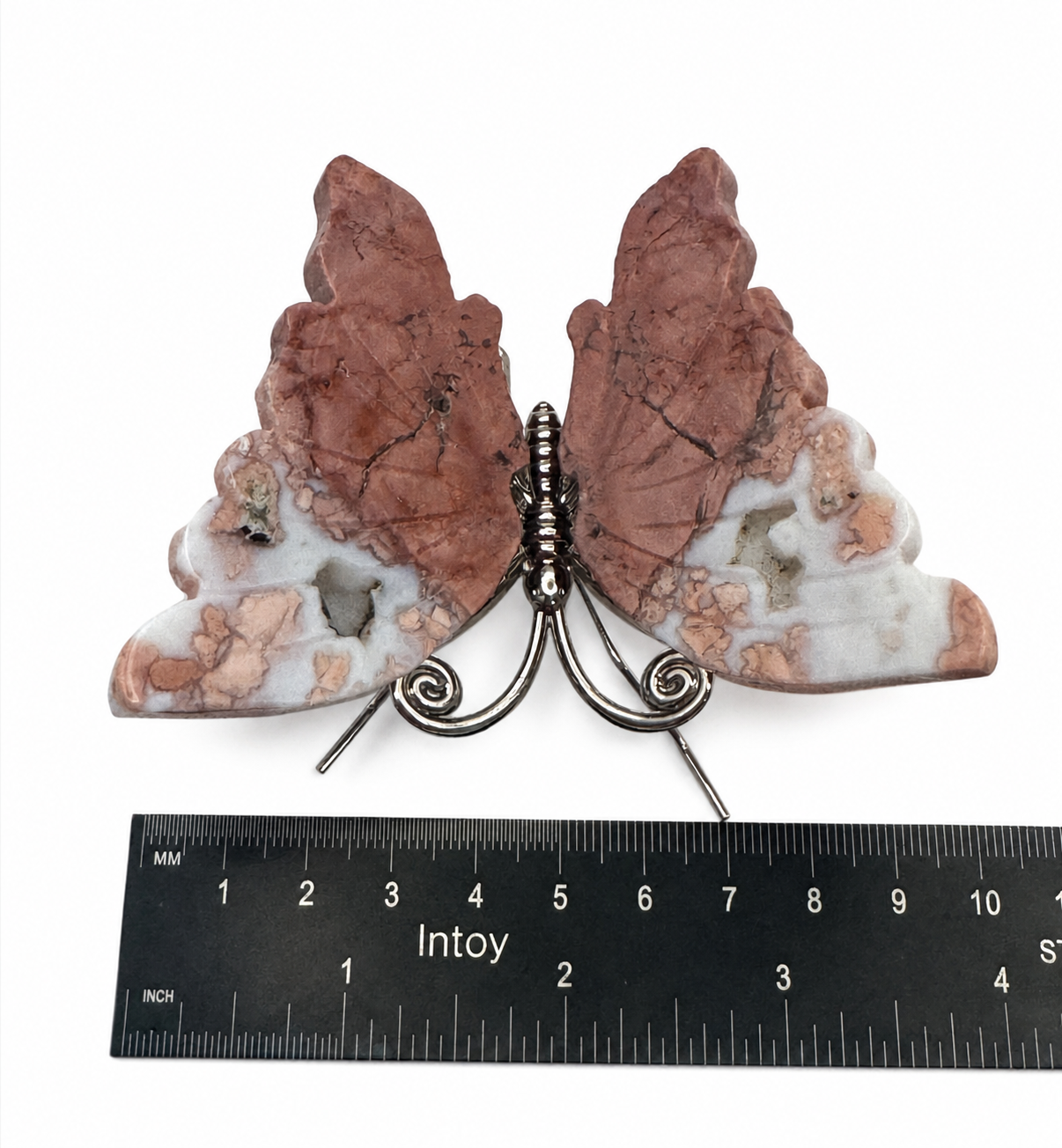 Pink Agate Crystal Butterfly on Silver Stand, Sakura Agate Butterfly Specimen, Crystal Butterfly Decor, Heart Chakra