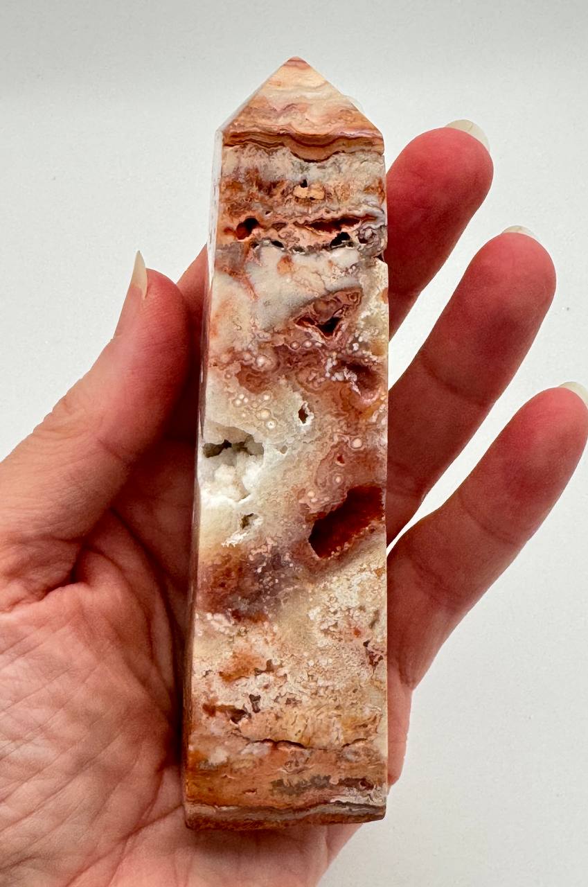 Crazy Lace Agate Tower — Polished Crystal Point with Druzy Pockets