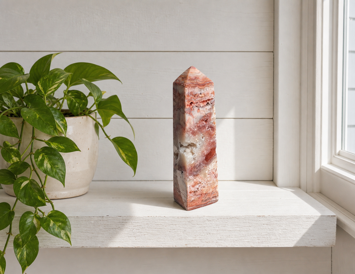 Crazy Lace Agate Tower — Polished Crystal Point with Druzy Pockets