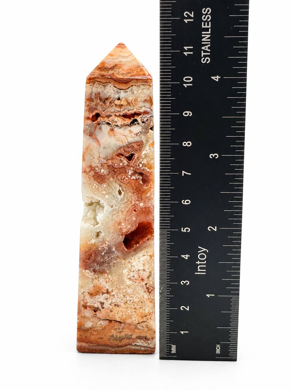Crazy Lace Agate Tower — Polished Crystal Point with Druzy Pockets
