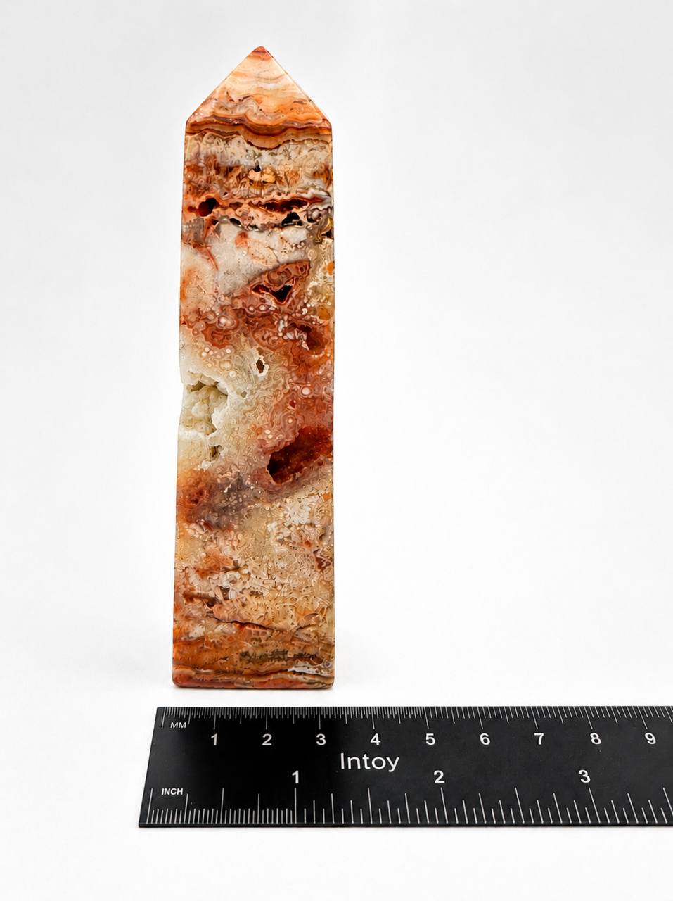 Crazy Lace Agate Tower — Polished Crystal Point with Druzy Pockets