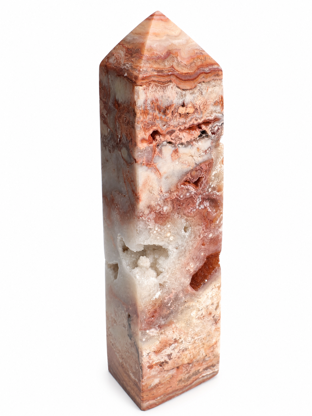 Crazy Lace Agate Tower — Polished Crystal Point with Druzy Pockets
