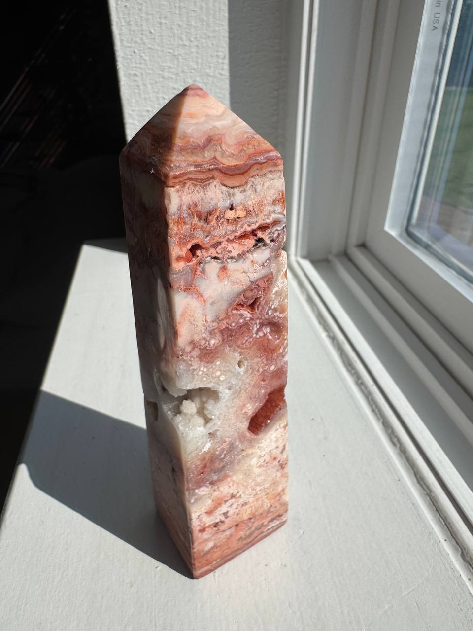 Crazy Lace Agate Tower — Polished Crystal Point with Druzy Pockets