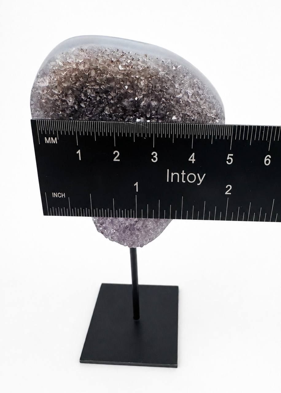 Dark amethyst druzy side angle with ruler