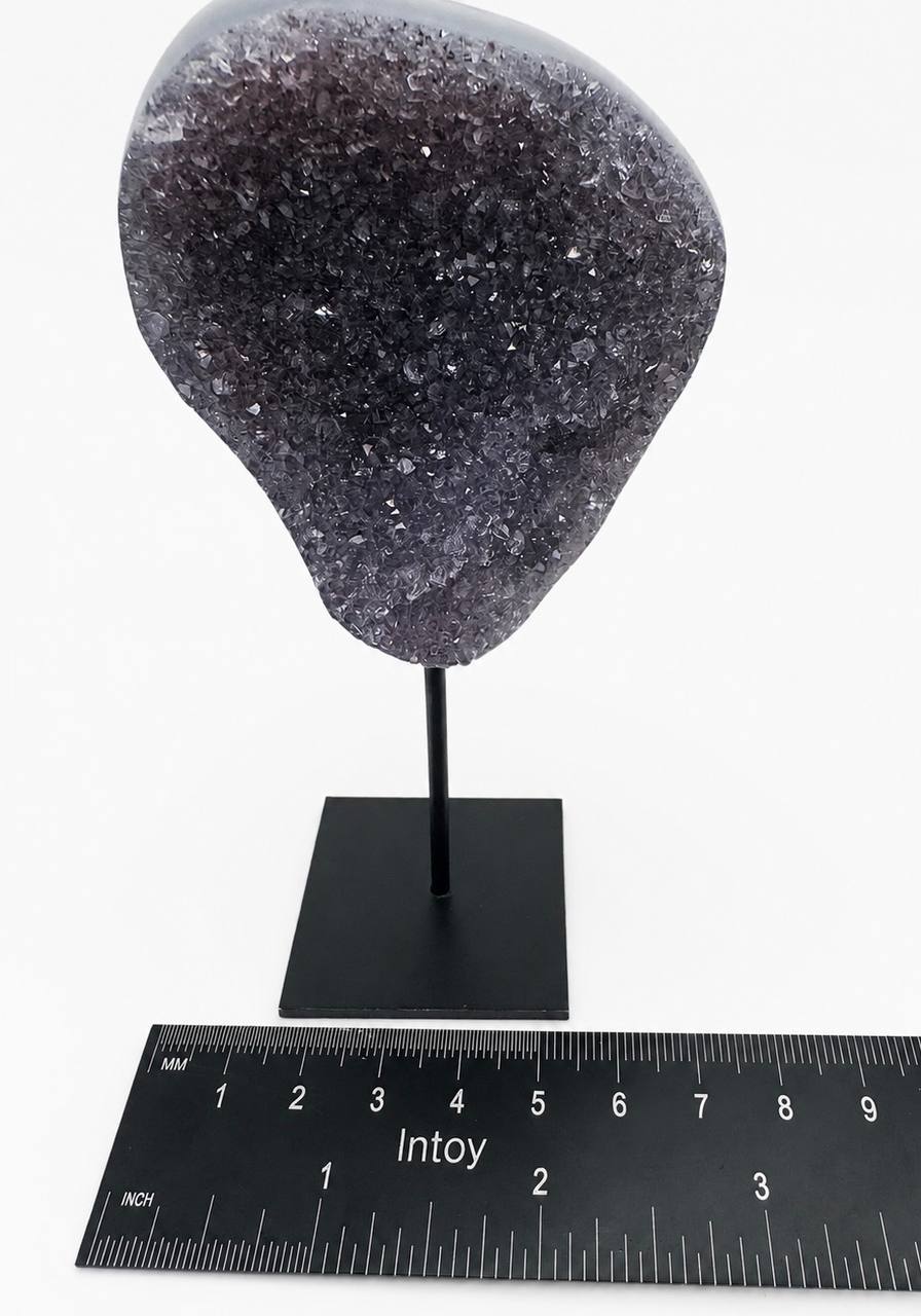 Dark amethyst druzy front with ruler