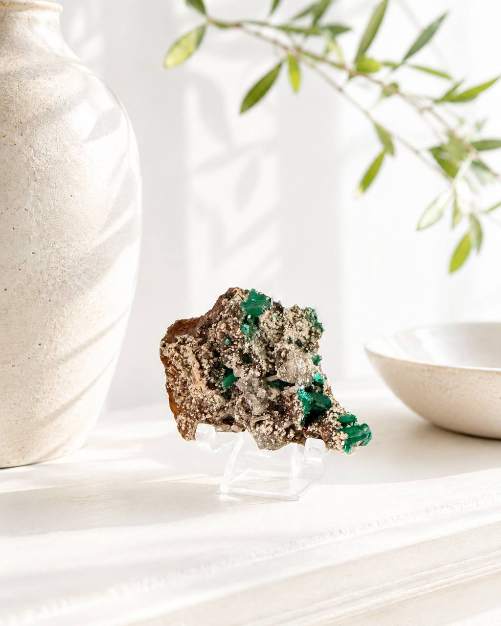 Dioptase Crystal with Cerussite on Matrix — Rare Collector Mineral Specimen from Congo