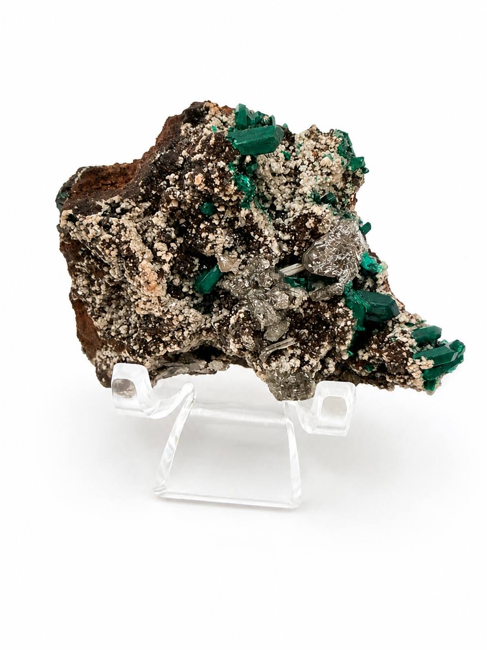 Dioptase Crystal with Cerussite on Matrix — Rare Collector Mineral Specimen from Congo