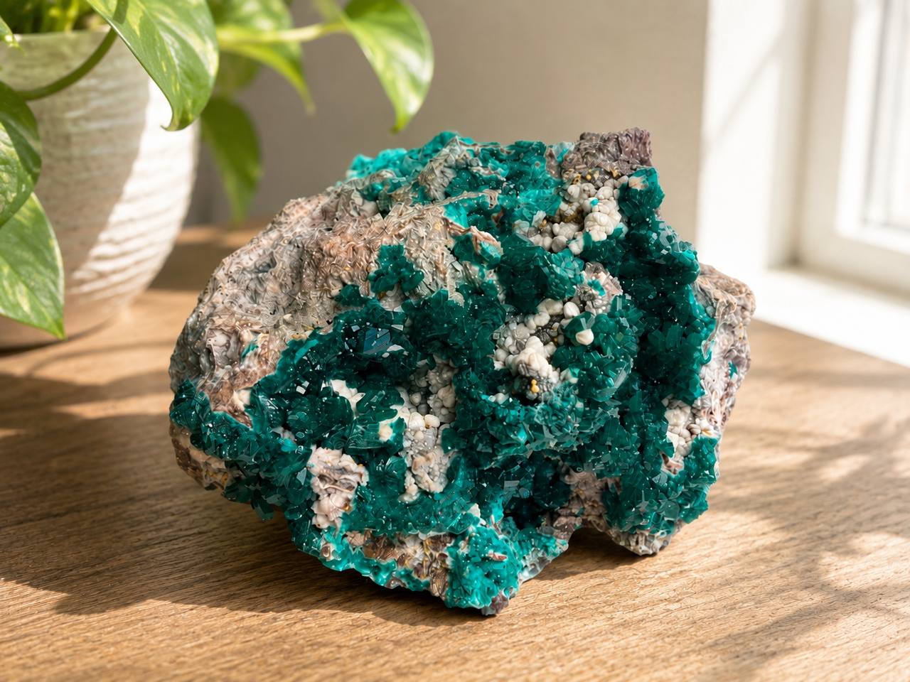 Large dioptase crystal specimen with mimetite and calcite lifestyle photo