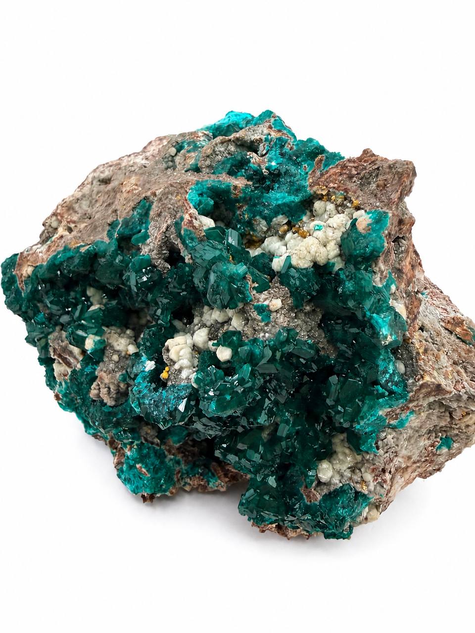 Dioptase crystals close up with mimetite and calcite detail