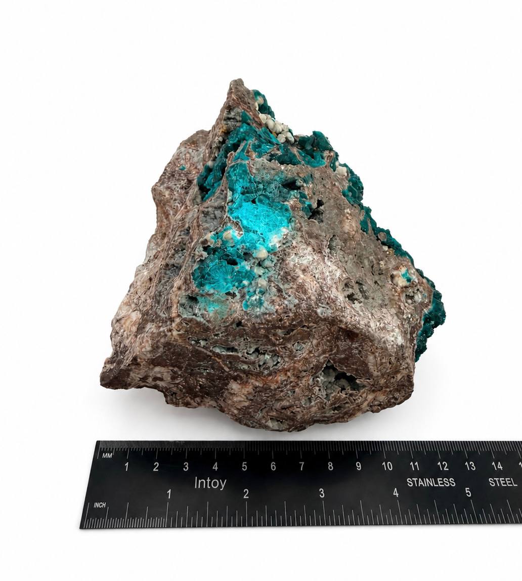 Dioptase specimen back view with ruler showing dimensions