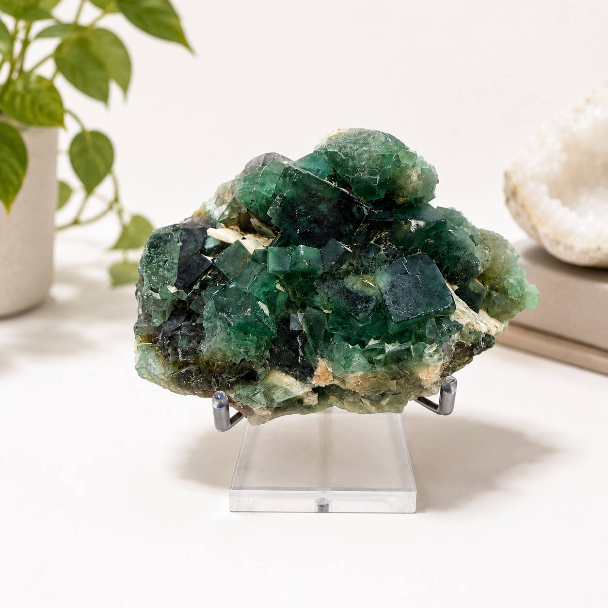 Raw Green Fluorite Cluster, Natural Cubic Crystal Specimen for Shelf and Collection