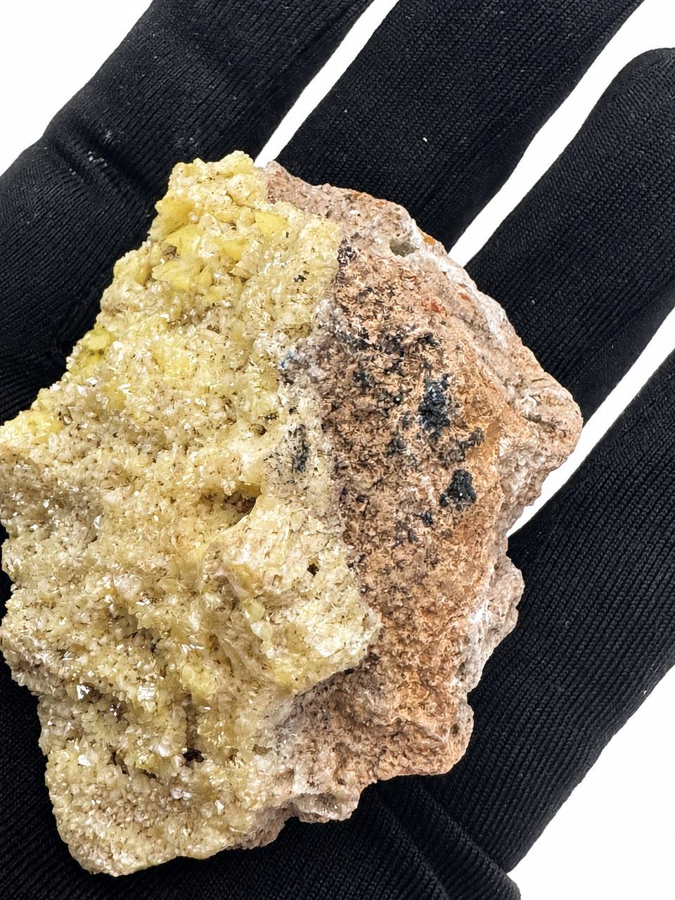 Mimetite specimen showing crystal and matrix sides in gloved hand