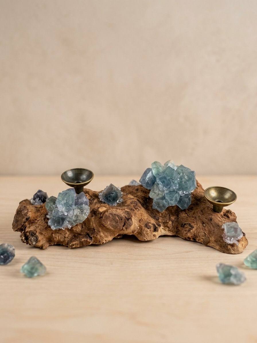 Fluorite crystal sphere holder on natural burl wood - hero