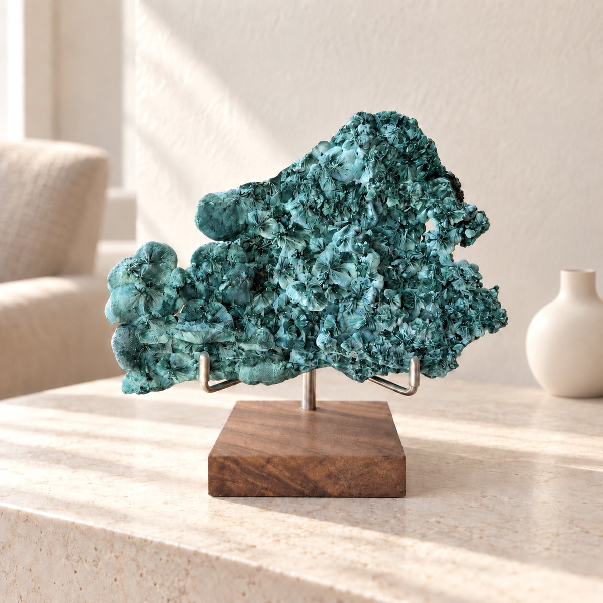 Large Raw Fibrous Malachite Plate on a Custom Steel and Wood Stand — 5.75 Inch Velvet Malachite Specimen, Stand Included
