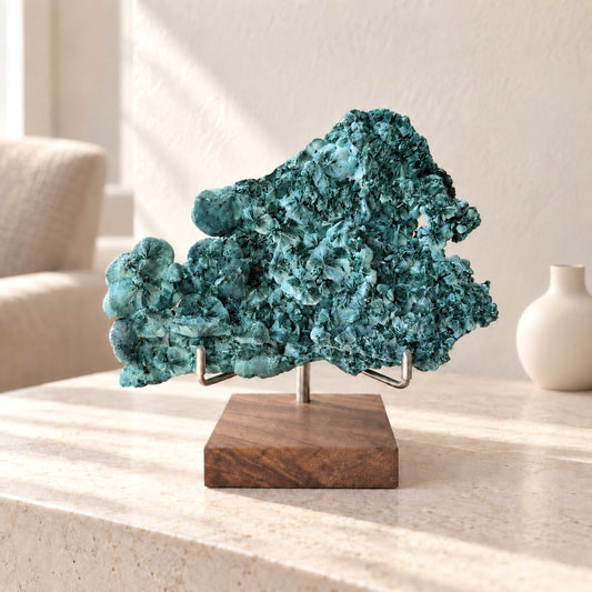 Large Raw Fibrous Malachite Plate on a Custom Steel and Wood Stand — 5.75 Inch Velvet Malachite Specimen, Stand Included