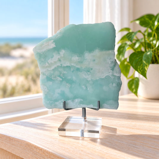 Aqua Calcite Slab on a Clear Stand — 5 Inch Blue and White Calcite Display Slab, Stand Included