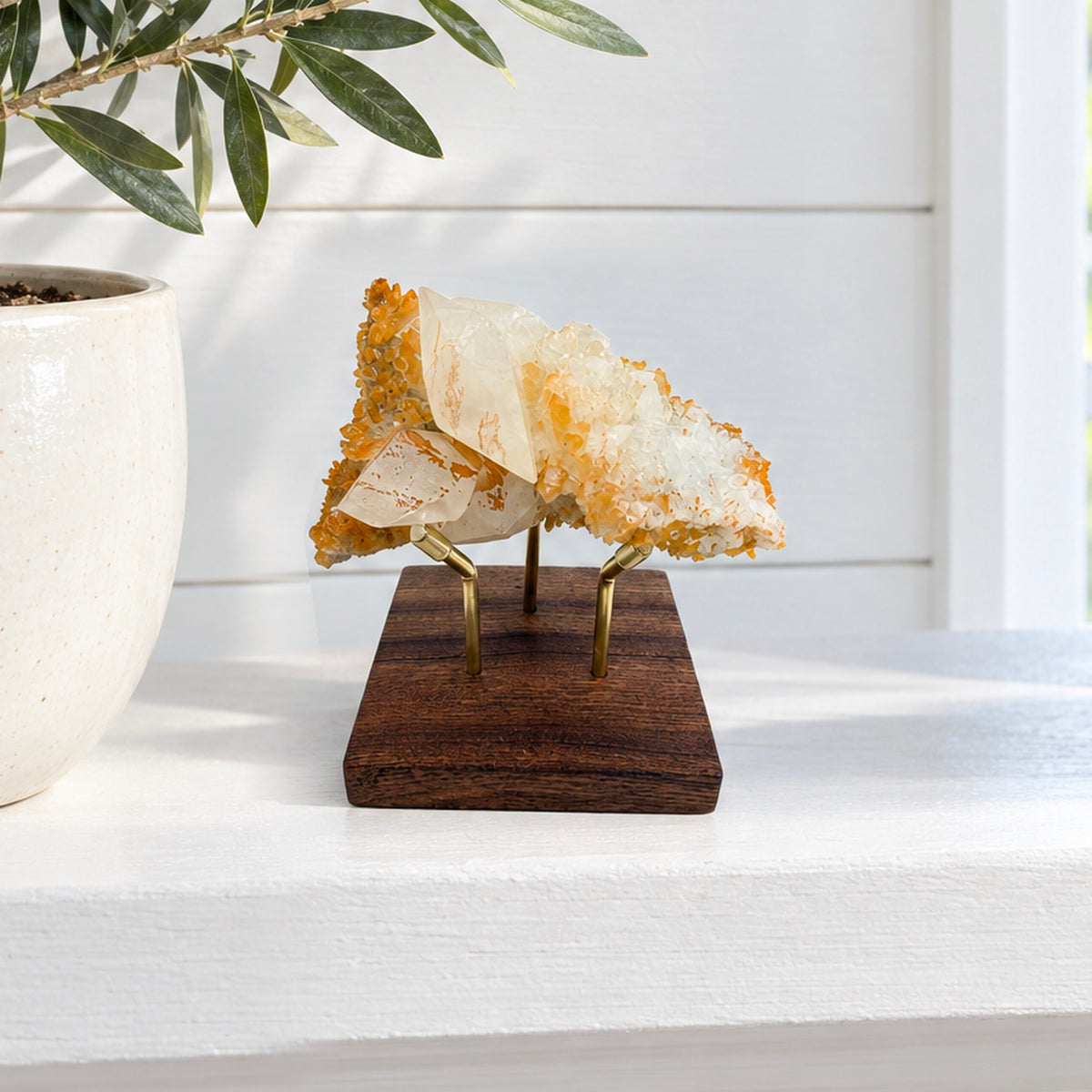 Calcite on Quartz from Myanmar on a Wood and Brass Stand — 3.25 Inch Natural Crystal Cluster, Pale Calcite Points on a Honey Quartz Crust