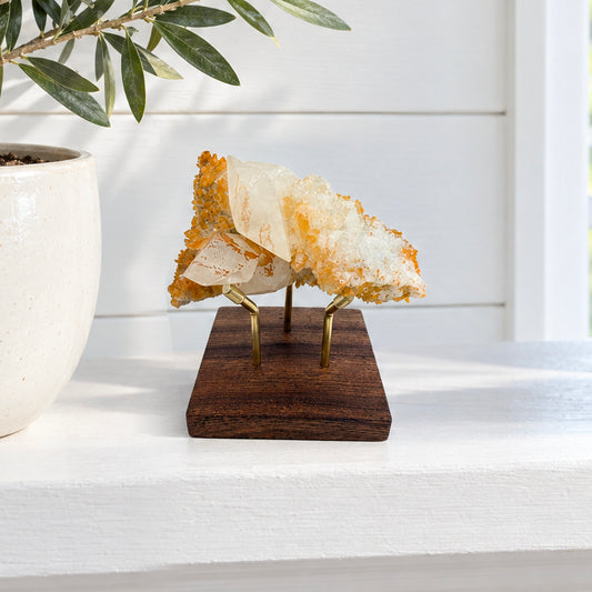 Calcite on Quartz from Myanmar on a Wood and Brass Stand — 3.25 Inch Natural Crystal Cluster, Pale Calcite Points on a Honey Quartz Crust
