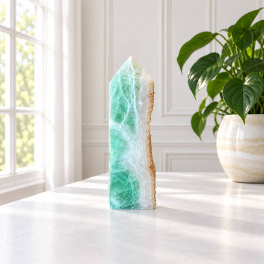 Green Fluorite Tower with Natural Crystal Back — 6.5 Inch Polished Mint Green Fluorite Point with Raw Cubic Druzy Side, Over 2 Pounds