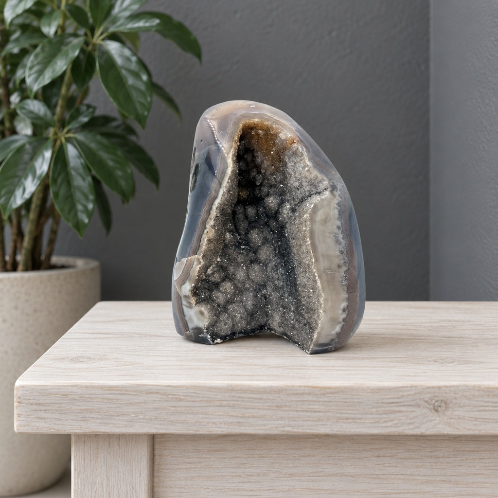 Banded Agate Geode — Standing Freeform with a Notched Crown and Gray Botryoidal Druzy