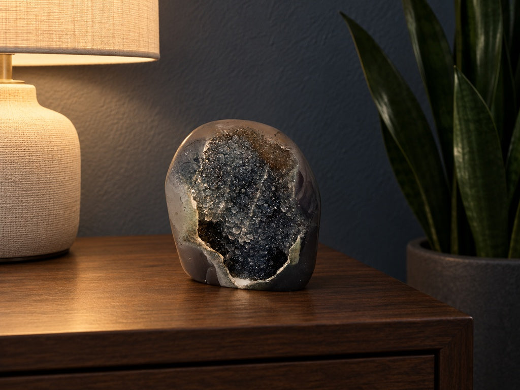 Banded Agate Geode — Standing Freeform with a Deep Druzy Face