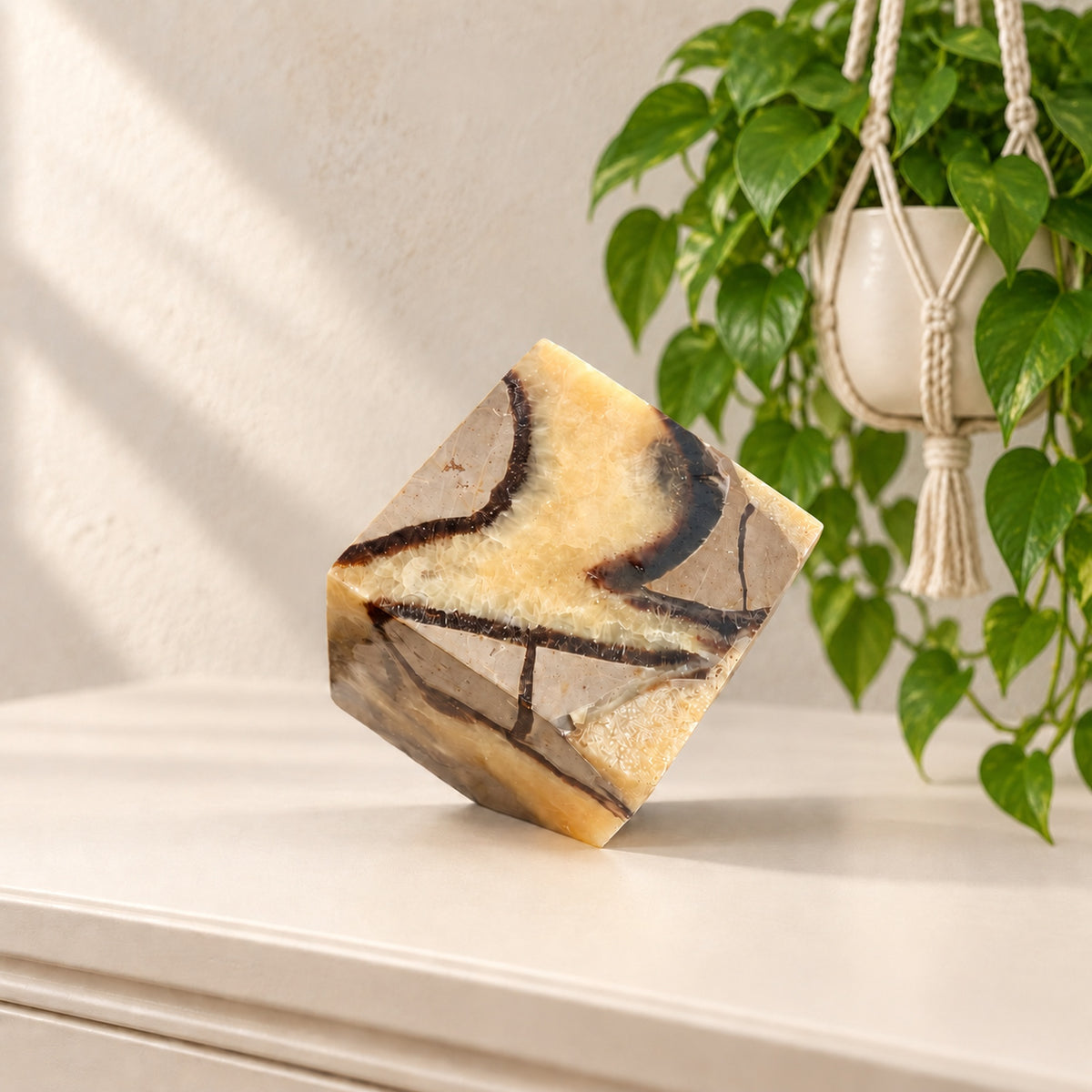 Septarian Floating Cube — Polished Dragon Stone Cube Balanced on a Corner, Honey Calcite, Gray Limestone and Black Aragonite, 2.25 In