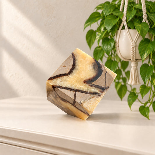 Septarian Floating Cube — Polished Dragon Stone Cube Balanced on a Corner, Honey Calcite, Gray Limestone and Black Aragonite, 2.25 In